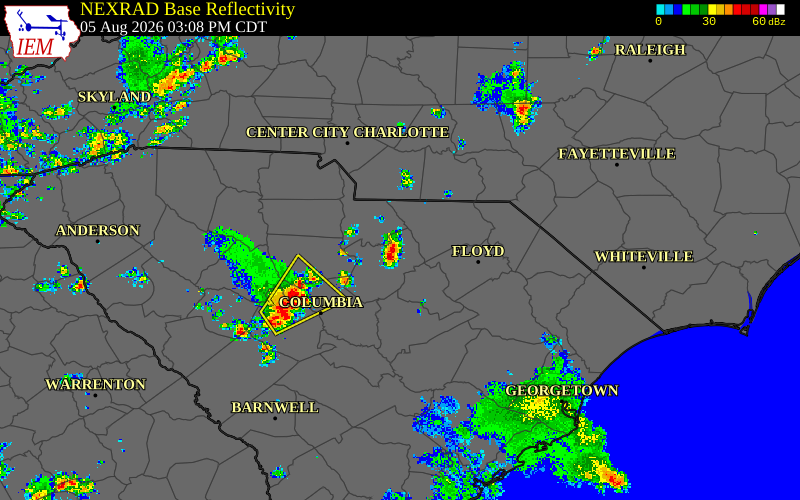 Radar snapshot during the Aug 5, 2026 wind event near Chesterfield County, Chesterfield County, South Carolina, with NWS warning polygons