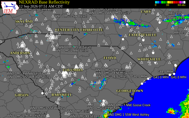 Current NEXRAD radar over Chesterfield County, South Carolina with recent storm report locations