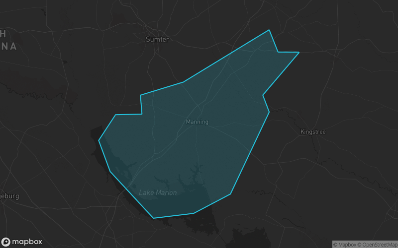 Map of Clarendon County, South Carolina showing the county boundary and surrounding cities