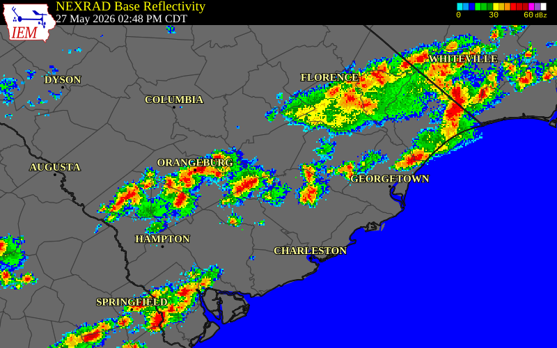 NEXRAD radar during the Wednesday, May 27, 2026 storm activity in Clarendon County, South Carolina