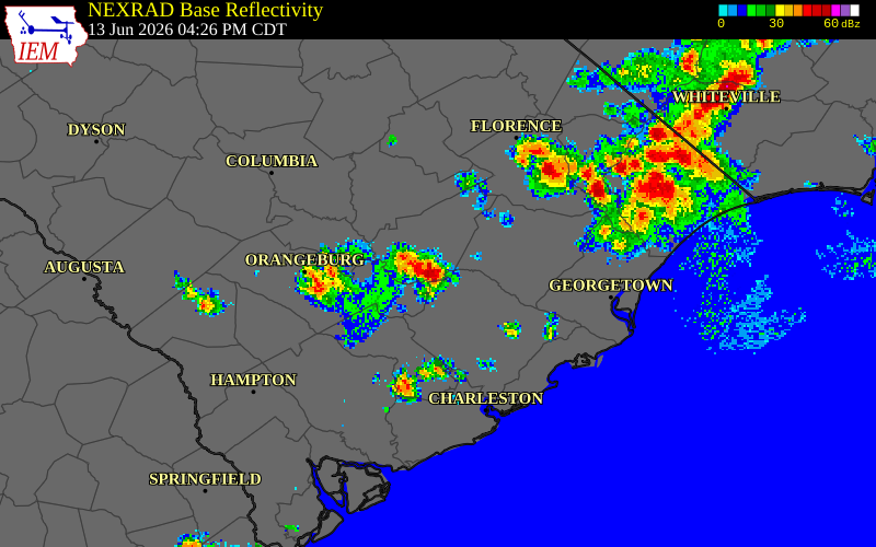NEXRAD radar during the Saturday, June 13, 2026 storm activity in Clarendon County, South Carolina