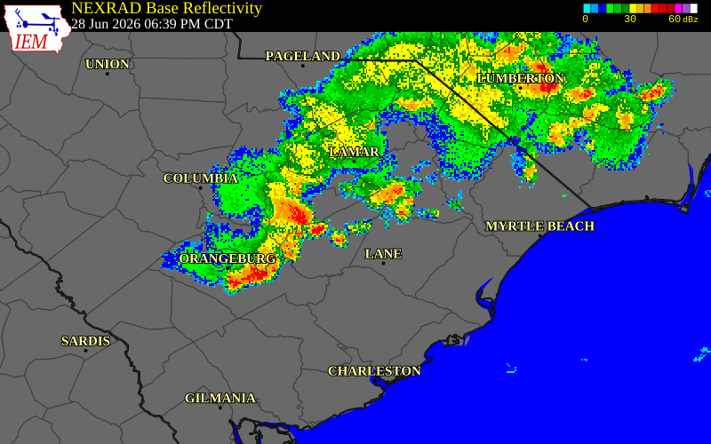 NEXRAD radar during the Sunday, June 28, 2026 storm activity in Clarendon County, South Carolina
