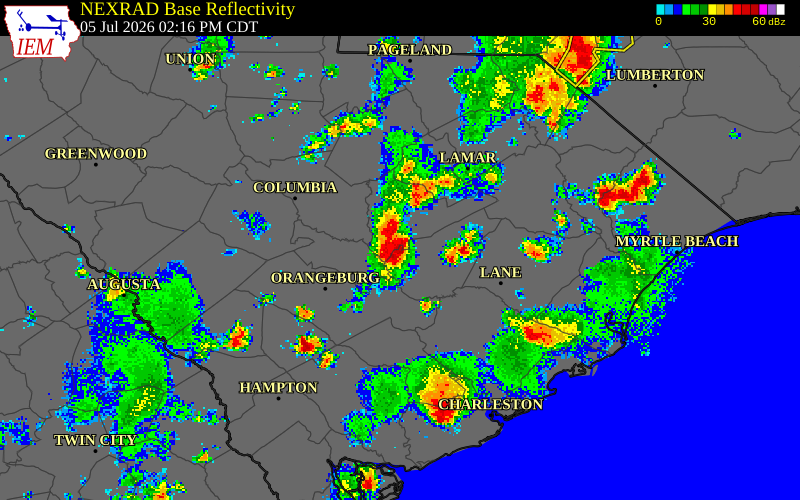 NEXRAD radar during the Sunday, July 5, 2026 storm activity in Clarendon County, South Carolina