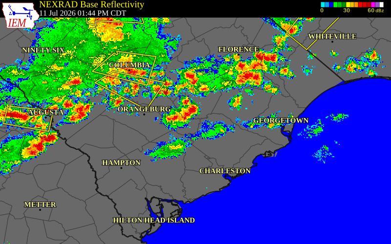 NEXRAD radar during the Saturday, July 11, 2026 storm activity in Clarendon County, South Carolina