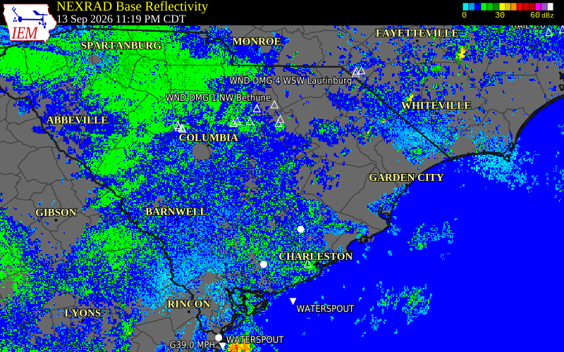 Current NEXRAD radar over Clarendon County, South Carolina with recent storm report locations