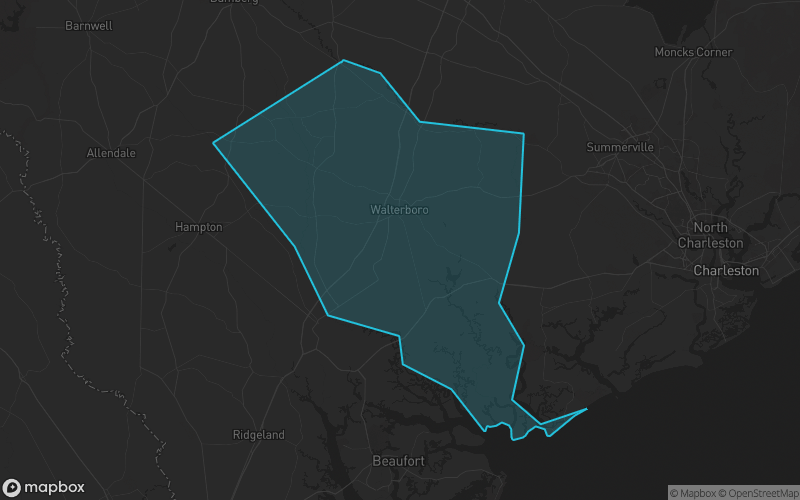 Map of Colleton County, South Carolina showing the county boundary and surrounding cities