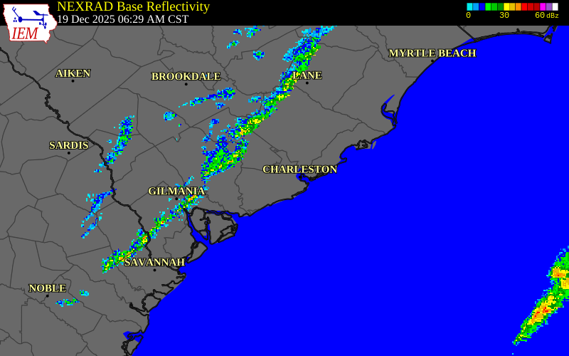 NEXRAD radar during the Friday, December 19, 2025 storm activity in Colleton County, South Carolina