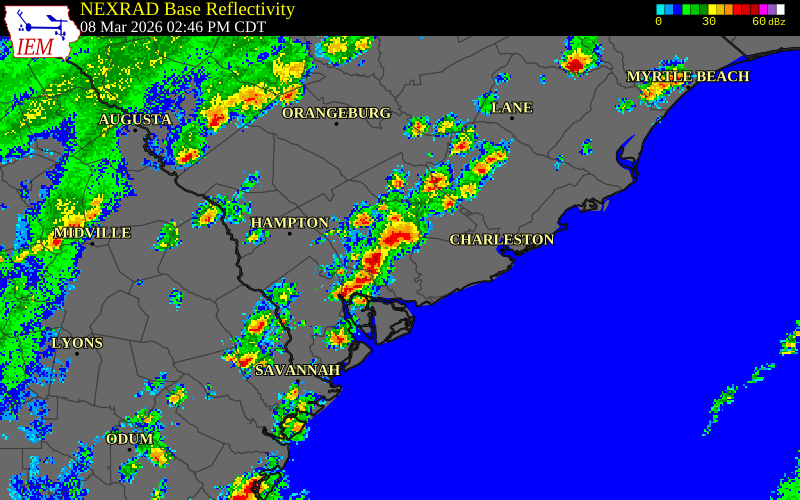 NEXRAD radar during the Sunday, March 8, 2026 storm activity in Colleton County, South Carolina