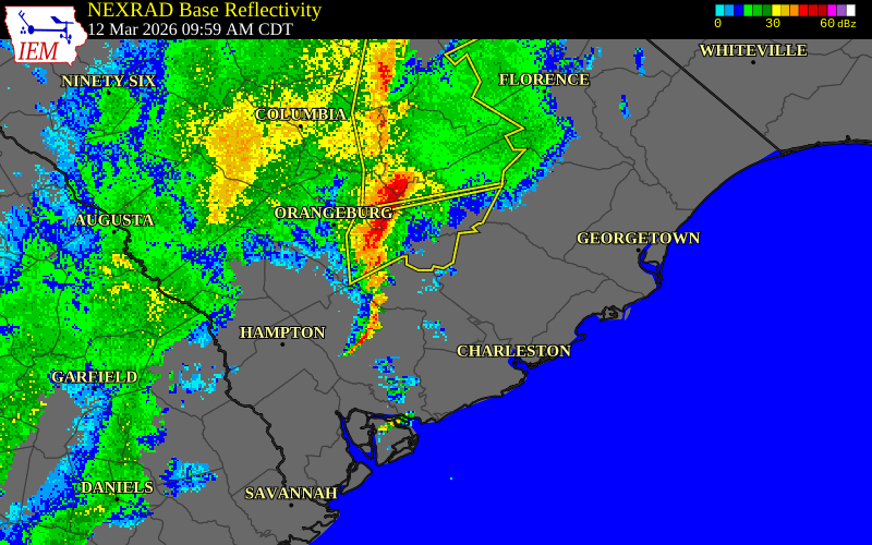 NEXRAD radar during the Thursday, March 12, 2026 storm activity in Colleton County, South Carolina