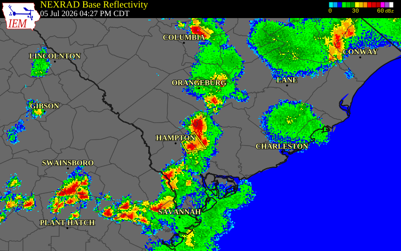 NEXRAD radar during the Sunday, July 5, 2026 storm activity in Colleton County, South Carolina