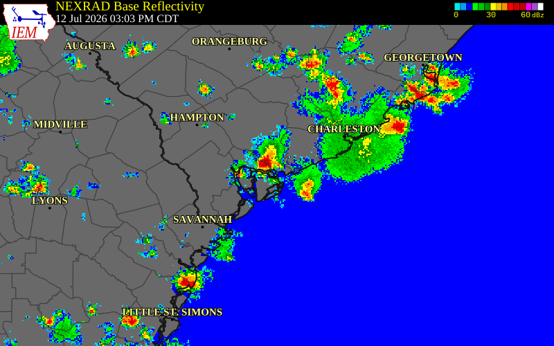 NEXRAD radar during the Sunday, July 12, 2026 storm activity in Colleton County, South Carolina