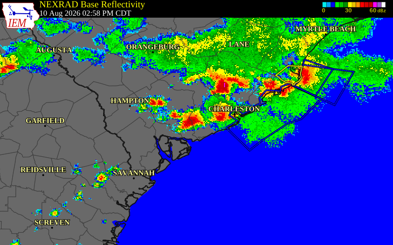 NEXRAD radar during the Monday, August 10, 2026 storm activity in Colleton County, South Carolina
