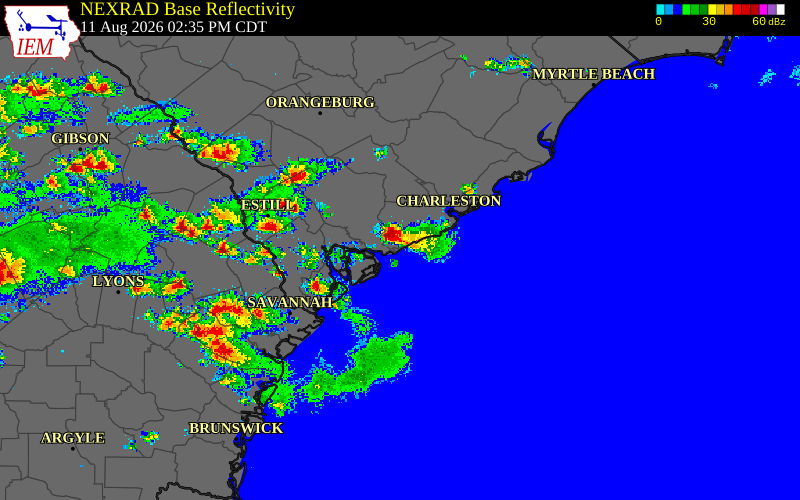Radar snapshot during the Aug 11, 2026 wind event near Colleton County, Colleton County, South Carolina, with NWS warning polygons