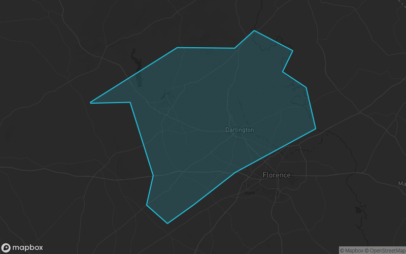 Map of Darlington County, South Carolina showing the county boundary and surrounding cities