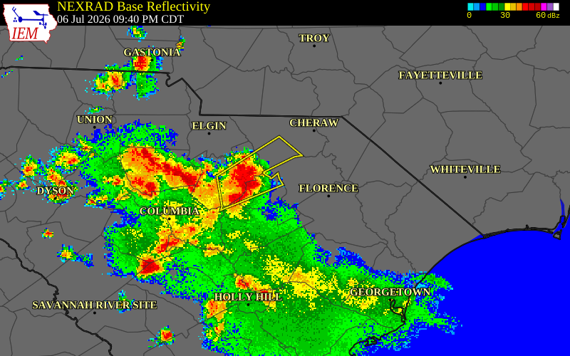 NEXRAD radar during the Monday, July 6, 2026 storm activity in Darlington County, South Carolina