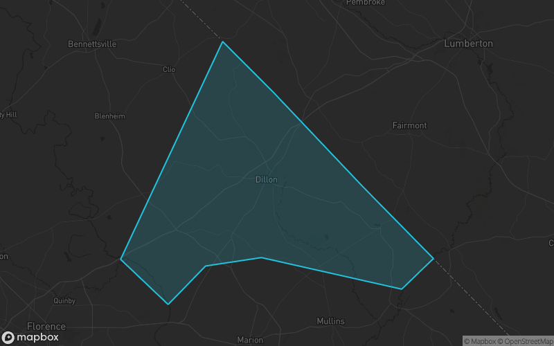 Map of Dillon County, South Carolina showing the county boundary and surrounding cities