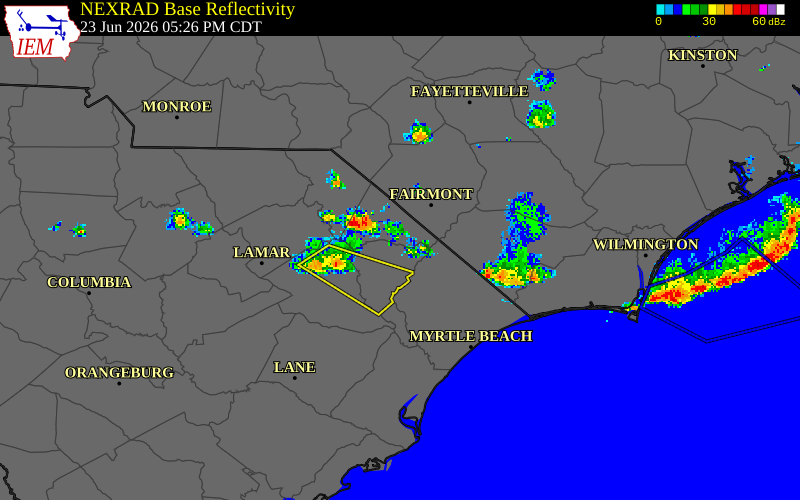 NEXRAD radar during the Tuesday, June 23, 2026 storm activity in Dillon County, South Carolina