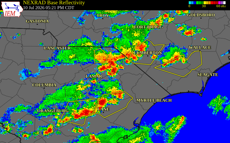 NEXRAD radar during the Friday, July 10, 2026 storm activity in Dillon County, South Carolina