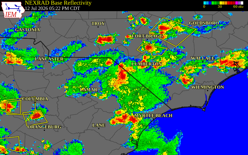 NEXRAD radar during the Sunday, July 12, 2026 storm activity in Dillon County, South Carolina