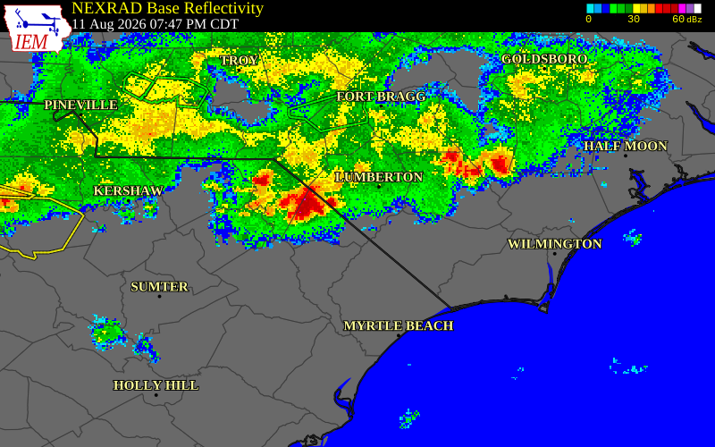 NEXRAD radar during the Tuesday, August 11, 2026 storm activity in Dillon County, South Carolina