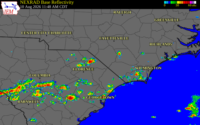 Radar snapshot during the Aug 10, 2026 wind event near Dillon County, Dillon County, South Carolina, with NWS warning polygons