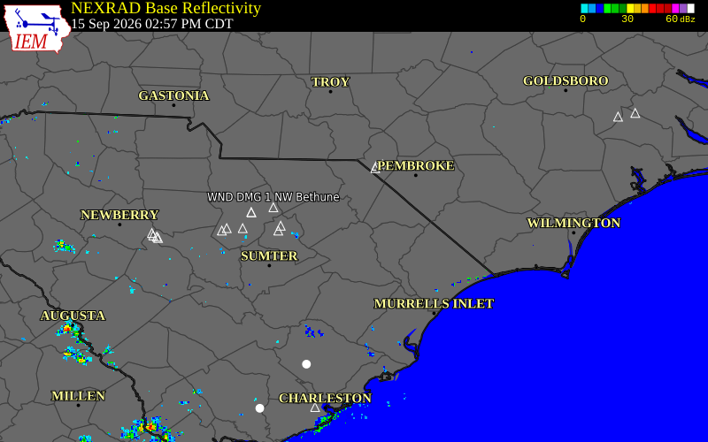 Current NEXRAD radar over Dillon County, South Carolina with recent storm report locations