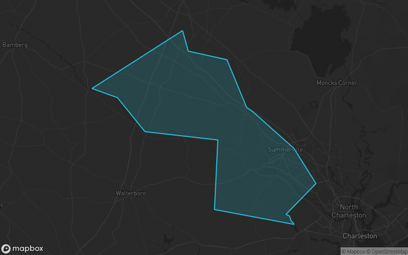 Map of Dorchester County, South Carolina showing the county boundary and surrounding cities