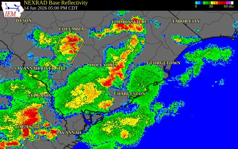 NEXRAD radar during the Sunday, June 14, 2026 storm activity in Dorchester County, South Carolina