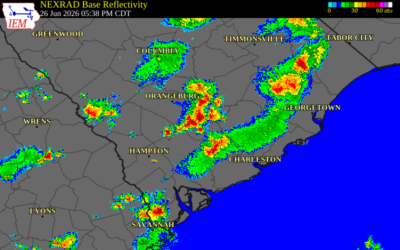 NEXRAD radar during the Friday, June 26, 2026 storm activity in Dorchester County, South Carolina