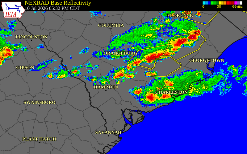 NEXRAD radar during the Friday, July 10, 2026 storm activity in Dorchester County, South Carolina
