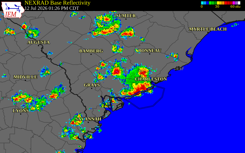 NEXRAD radar during the Sunday, July 12, 2026 storm activity in Dorchester County, South Carolina