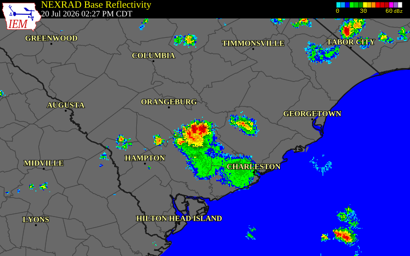 NEXRAD radar during the Monday, July 20, 2026 storm activity in Dorchester County, South Carolina
