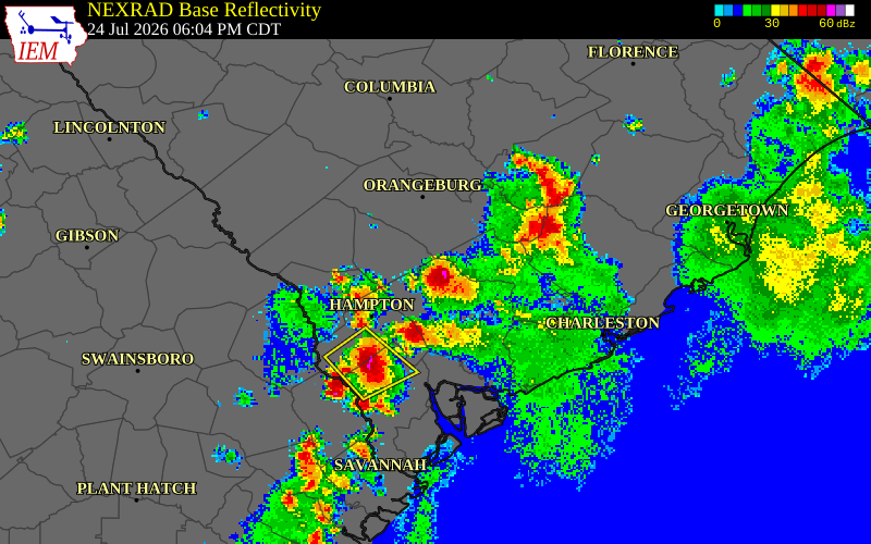 NEXRAD radar during the Friday, July 24, 2026 storm activity in Dorchester County, South Carolina