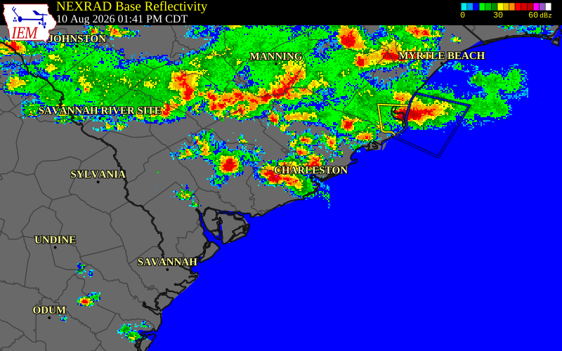 NEXRAD radar during the Monday, August 10, 2026 storm activity in Dorchester County, South Carolina
