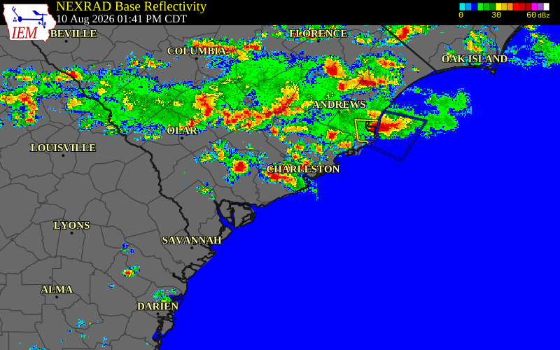 Radar snapshot during the Aug 10, 2026 wind event near Dorchester County, Dorchester County, South Carolina, with NWS warning polygons