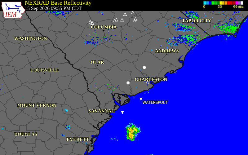 Current NEXRAD radar over Dorchester County, South Carolina with recent storm report locations