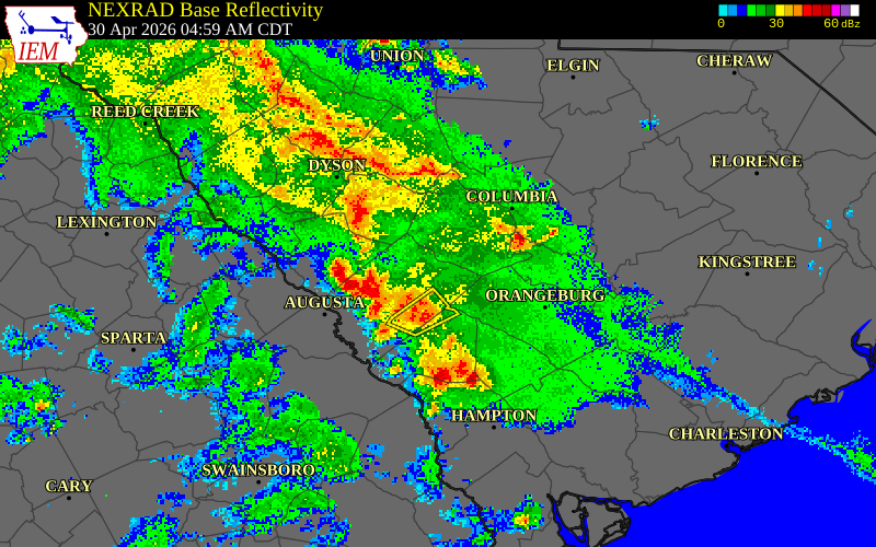 NEXRAD radar during the Thursday, April 30, 2026 storm activity in Edgefield County, South Carolina
