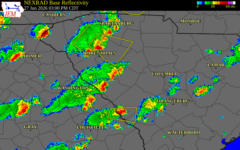 NEXRAD radar during the Saturday, June 27, 2026 storm activity in Edgefield County, South Carolina