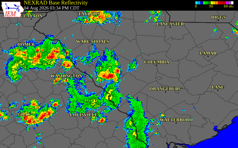 NEXRAD radar during the Tuesday, August 4, 2026 storm activity in Edgefield County, South Carolina