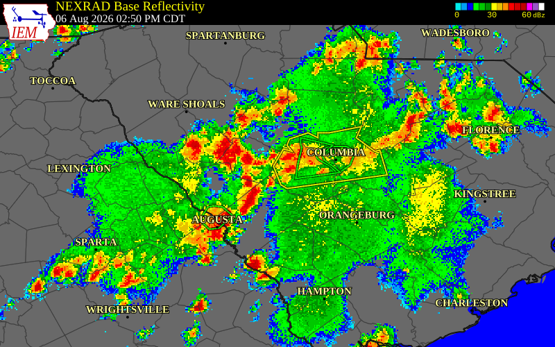 NEXRAD radar during the Thursday, August 6, 2026 storm activity in Edgefield County, South Carolina