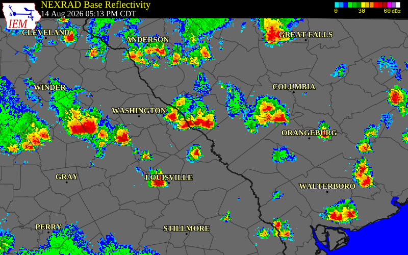 NEXRAD radar during the Friday, August 14, 2026 storm activity in Edgefield County, South Carolina