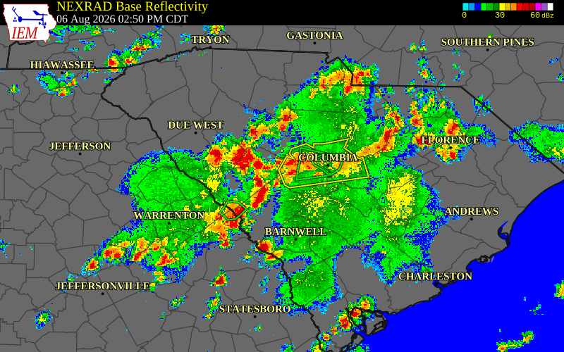 Radar snapshot during the Aug 6, 2026 wind event near Edgefield County, Edgefield County, South Carolina, with NWS warning polygons