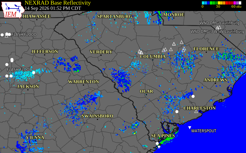 Current NEXRAD radar over Edgefield County, South Carolina with recent storm report locations