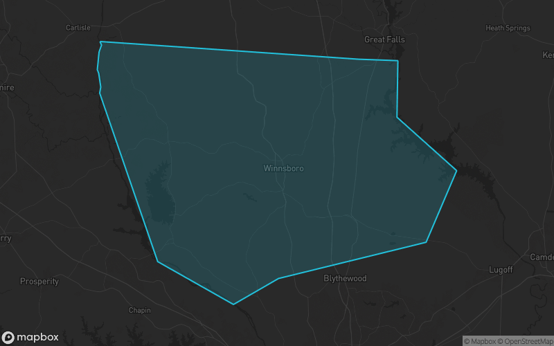 Map of Fairfield County, South Carolina showing the county boundary and surrounding cities