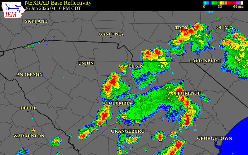 NEXRAD radar during the Friday, June 26, 2026 storm activity in Fairfield County, South Carolina