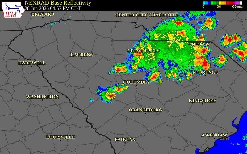NEXRAD radar during the Sunday, June 28, 2026 storm activity in Fairfield County, South Carolina