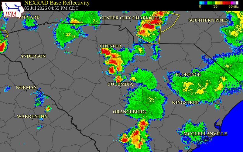 NEXRAD radar during the Sunday, July 5, 2026 storm activity in Fairfield County, South Carolina