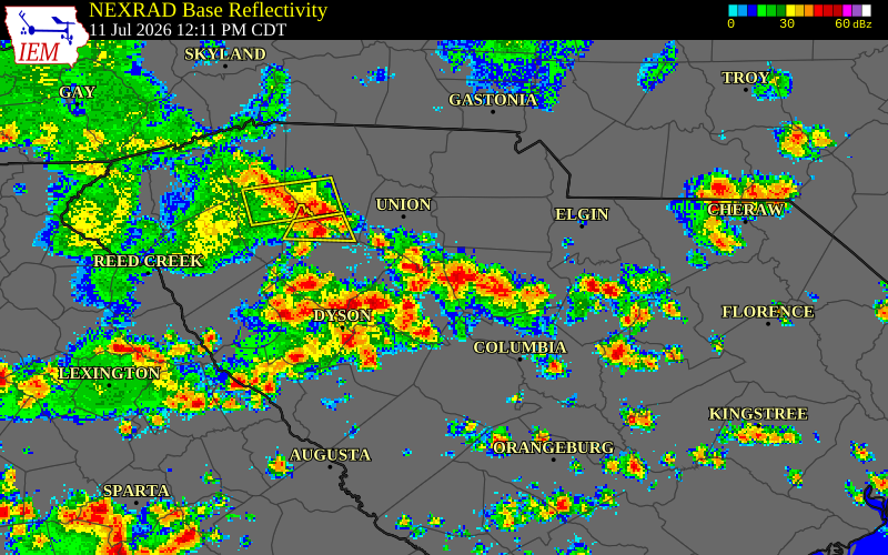NEXRAD radar during the Saturday, July 11, 2026 storm activity in Fairfield County, South Carolina