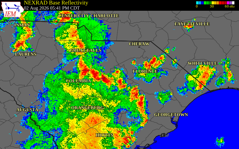 NEXRAD radar during the Sunday, August 2, 2026 storm activity in Fairfield County, South Carolina