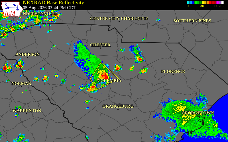 NEXRAD radar during the Wednesday, August 5, 2026 storm activity in Fairfield County, South Carolina